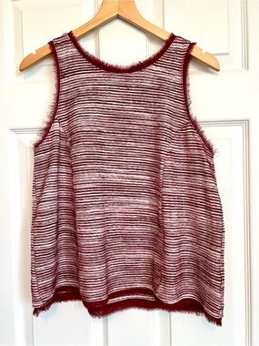 Vanessa Virginia Anthropologie Crimson Red White Stripe Tank Top Raw Fringe Trim